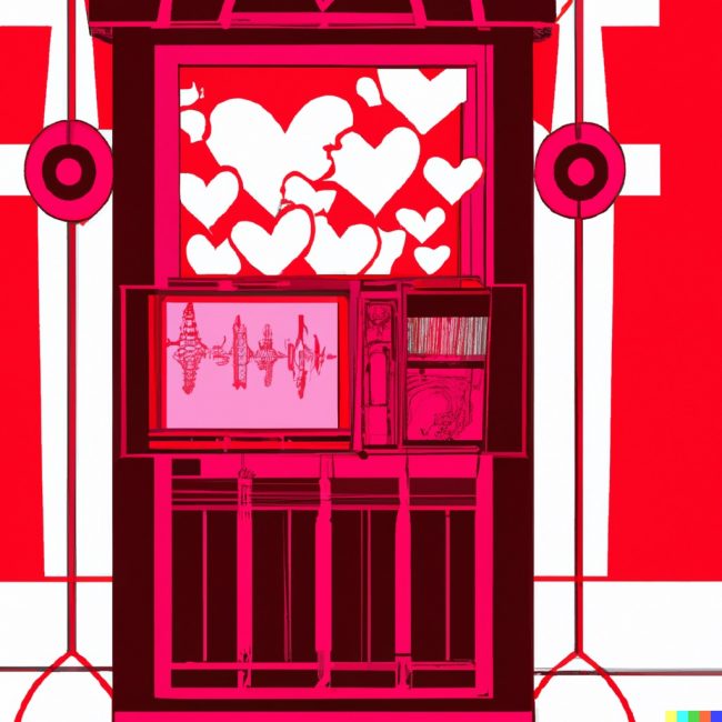 DALL·E 2023-04-13 12.06.40 – generate an image with a play on a catholic confession booth, incorporating the colors red and with the theme of music