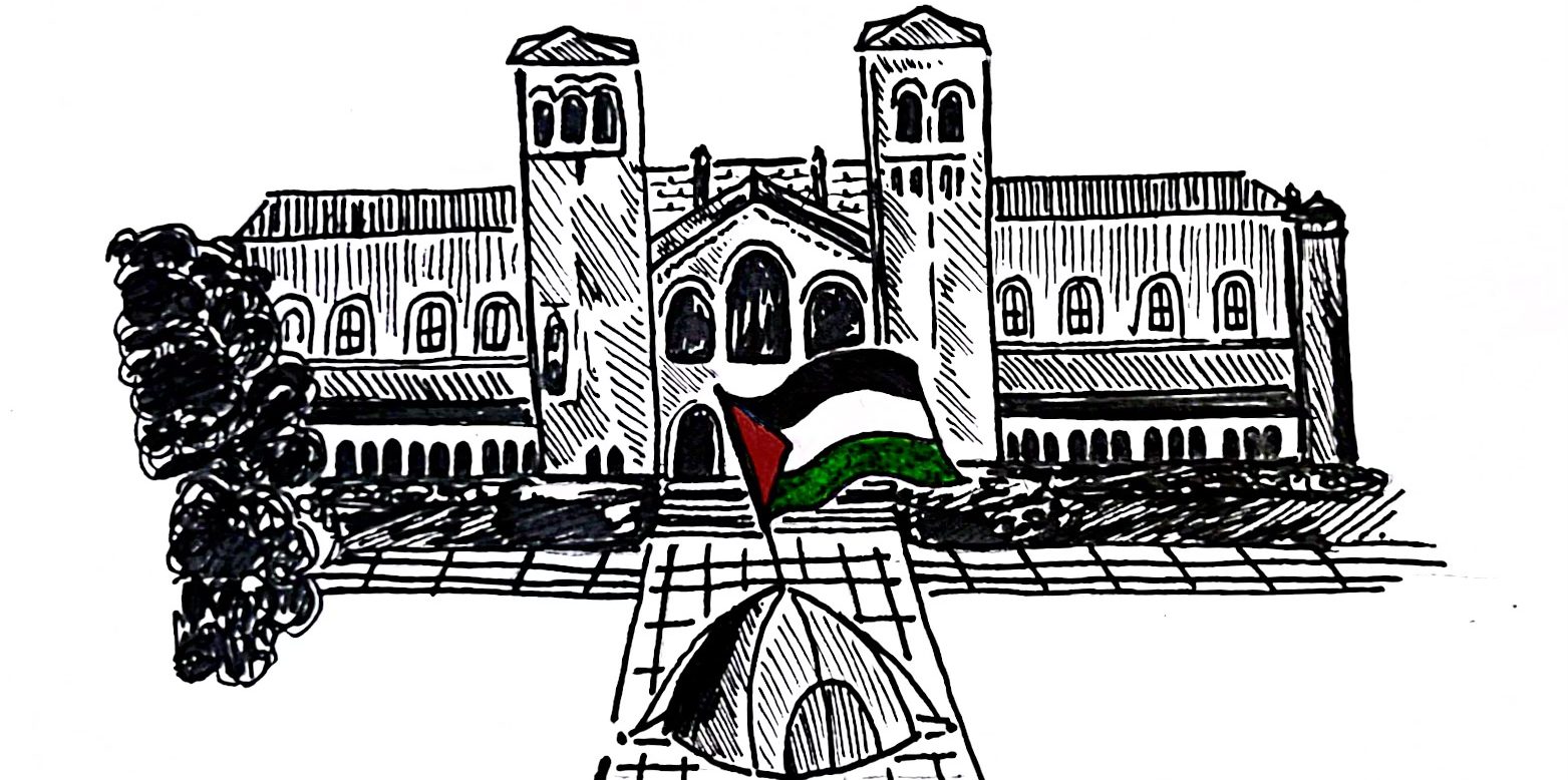 A cartoon graphic of a tent with a waving Palestinian flag in front of Royce Hall.