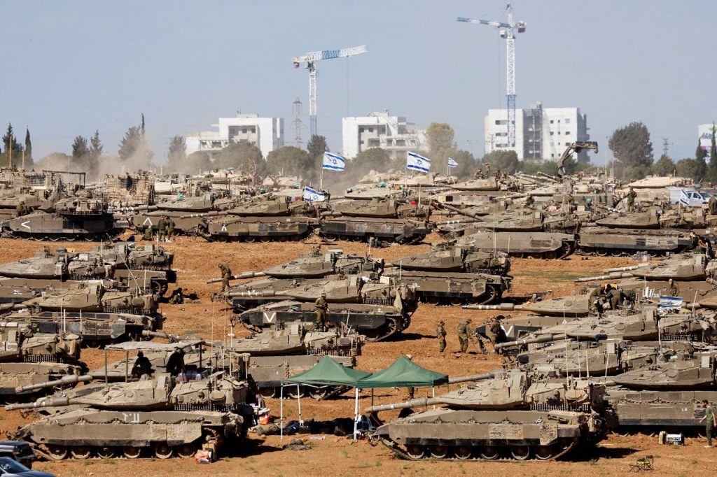 A legion of Israeli tanks in the desert.